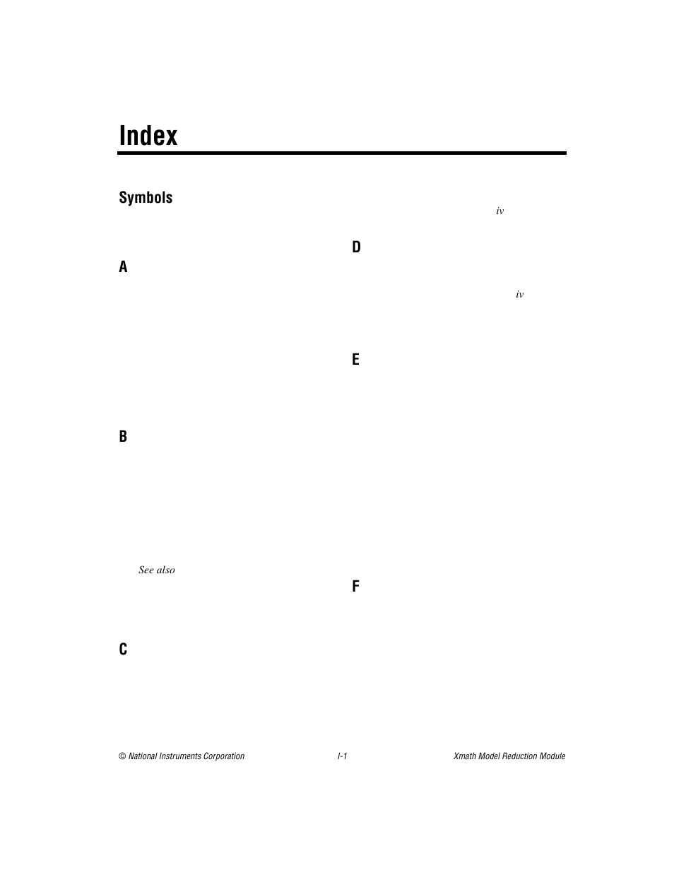 Index, Symbols | National Instruments NI MATRIXx Xmath User Manual | Page 125 / 127