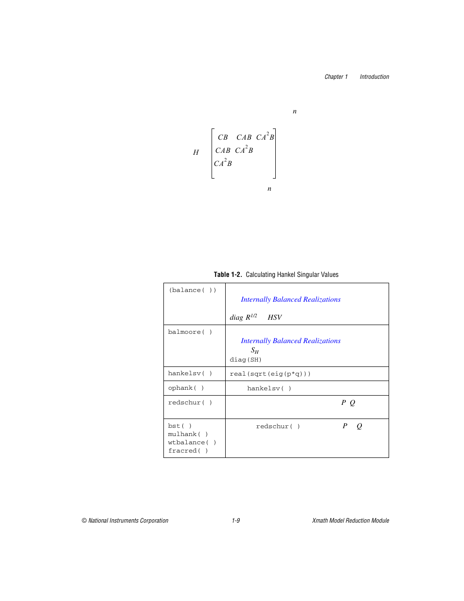 Table 1-2. calculating hankel singular values | National Instruments NI MATRIXx Xmath User Manual | Page 16 / 127