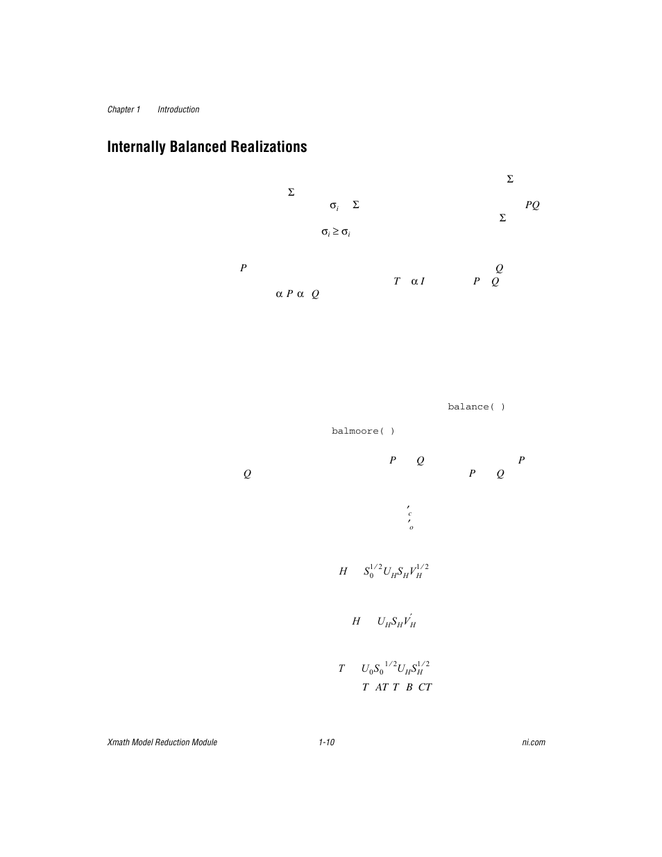 Internally balanced realizations, Internally balanced realizations -10, Section; the | National Instruments NI MATRIXx Xmath User Manual | Page 17 / 127