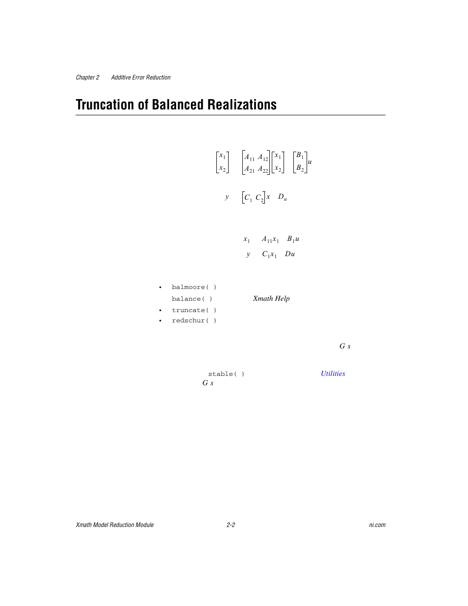Truncation of balanced realizations, Truncation of balanced realizations -2 | National Instruments NI MATRIXx Xmath User Manual | Page 25 / 127
