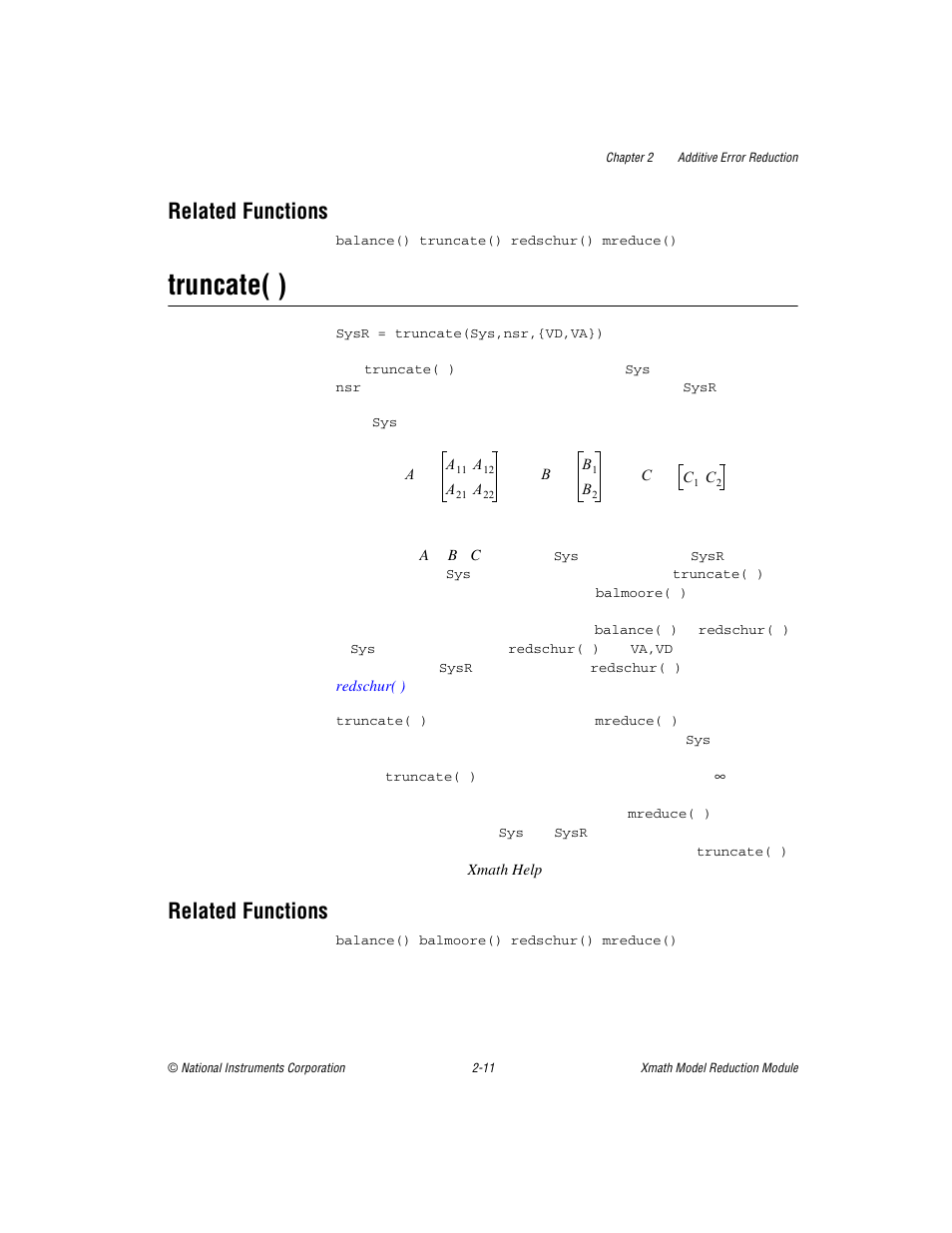 Related functions, Truncate( ), Related functions -11 | Truncate( ) -11 | National Instruments NI MATRIXx Xmath User Manual | Page 34 / 127