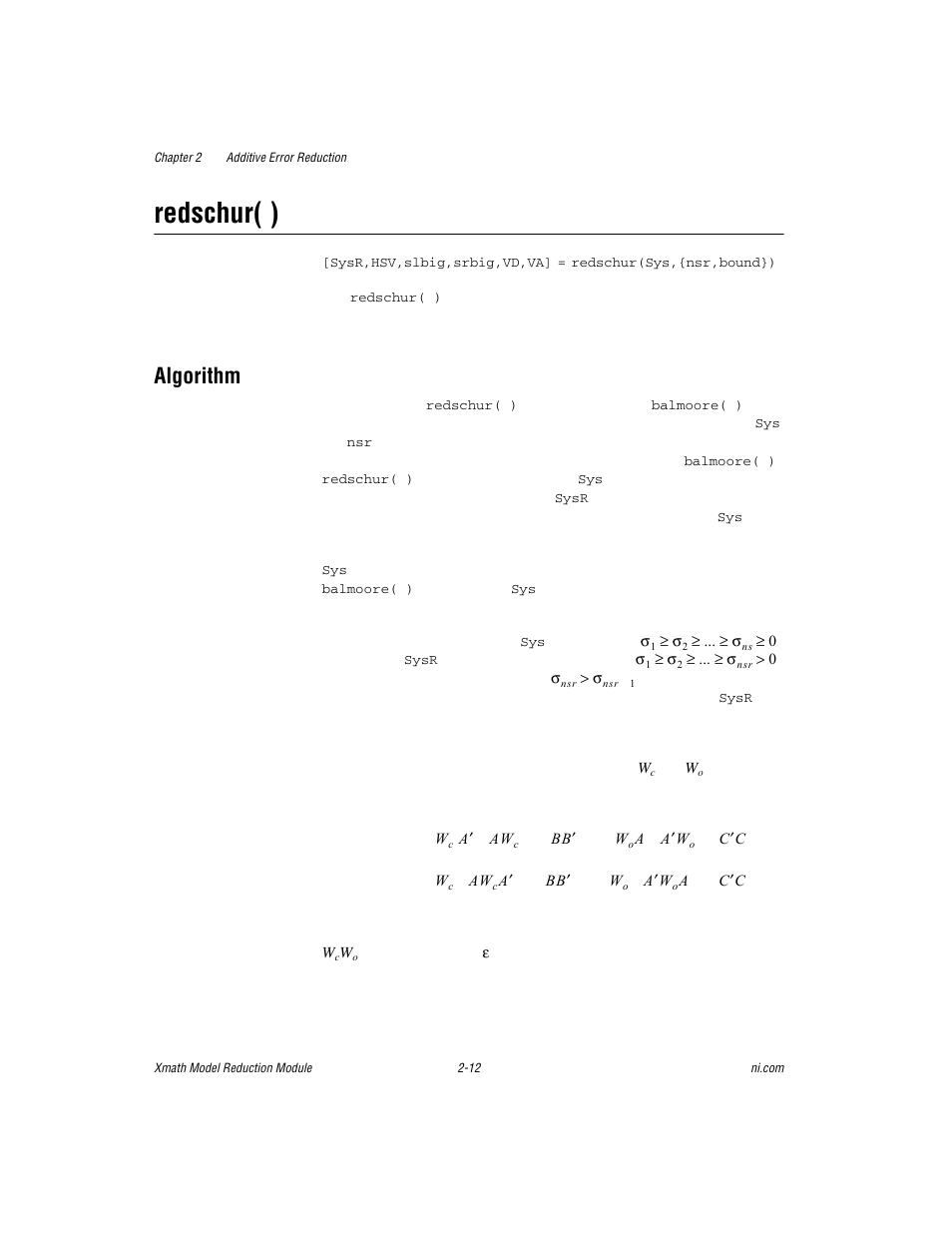 Redschur( ), Algorithm, Redschur( ) -12 | Algorithm -12 | National Instruments NI MATRIXx Xmath User Manual | Page 35 / 127