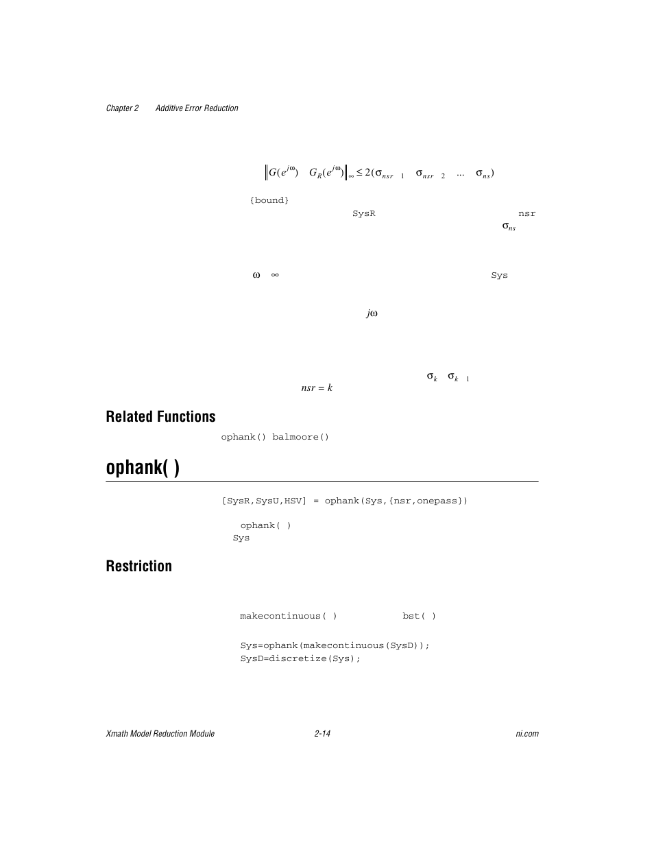 Related functions, Ophank( ), Restriction | Related functions -14, Ophank( ) -14, Restriction -14 | National Instruments NI MATRIXx Xmath User Manual | Page 37 / 127