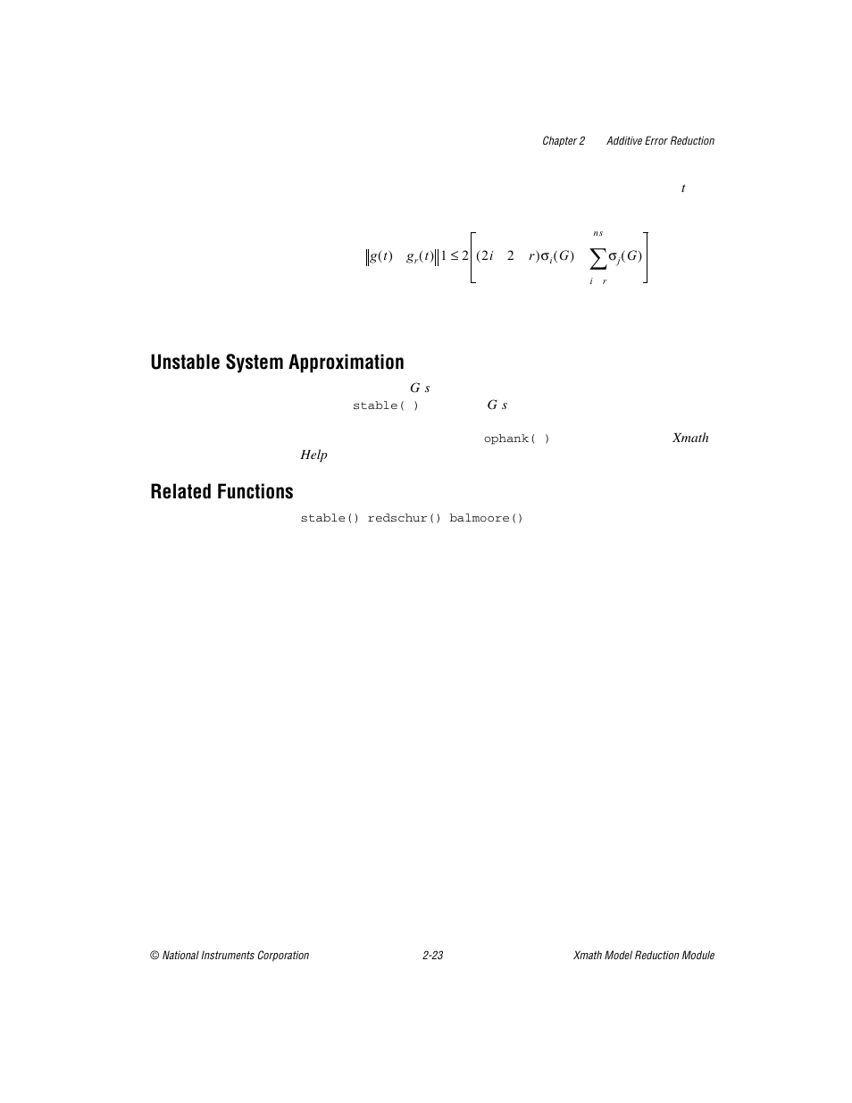 Unstable system approximation, Related functions | National Instruments NI MATRIXx Xmath User Manual | Page 46 / 127