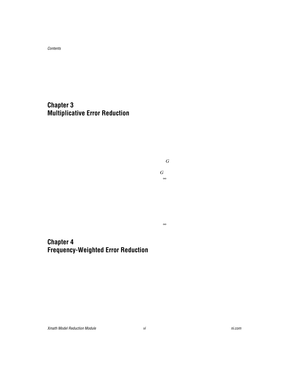 Chapter 3 multiplicative error reduction, Chapter 4 frequency-weighted error reduction | National Instruments NI MATRIXx Xmath User Manual | Page 6 / 127