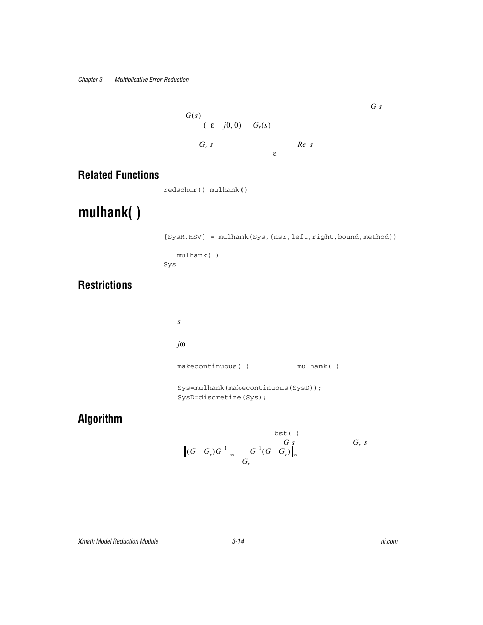 Related functions, Mulhank( ), Restrictions | Algorithm, Related functions -14, Mulhank( ) -14, Restrictions -14 algorithm -14 | National Instruments NI MATRIXx Xmath User Manual | Page 60 / 127