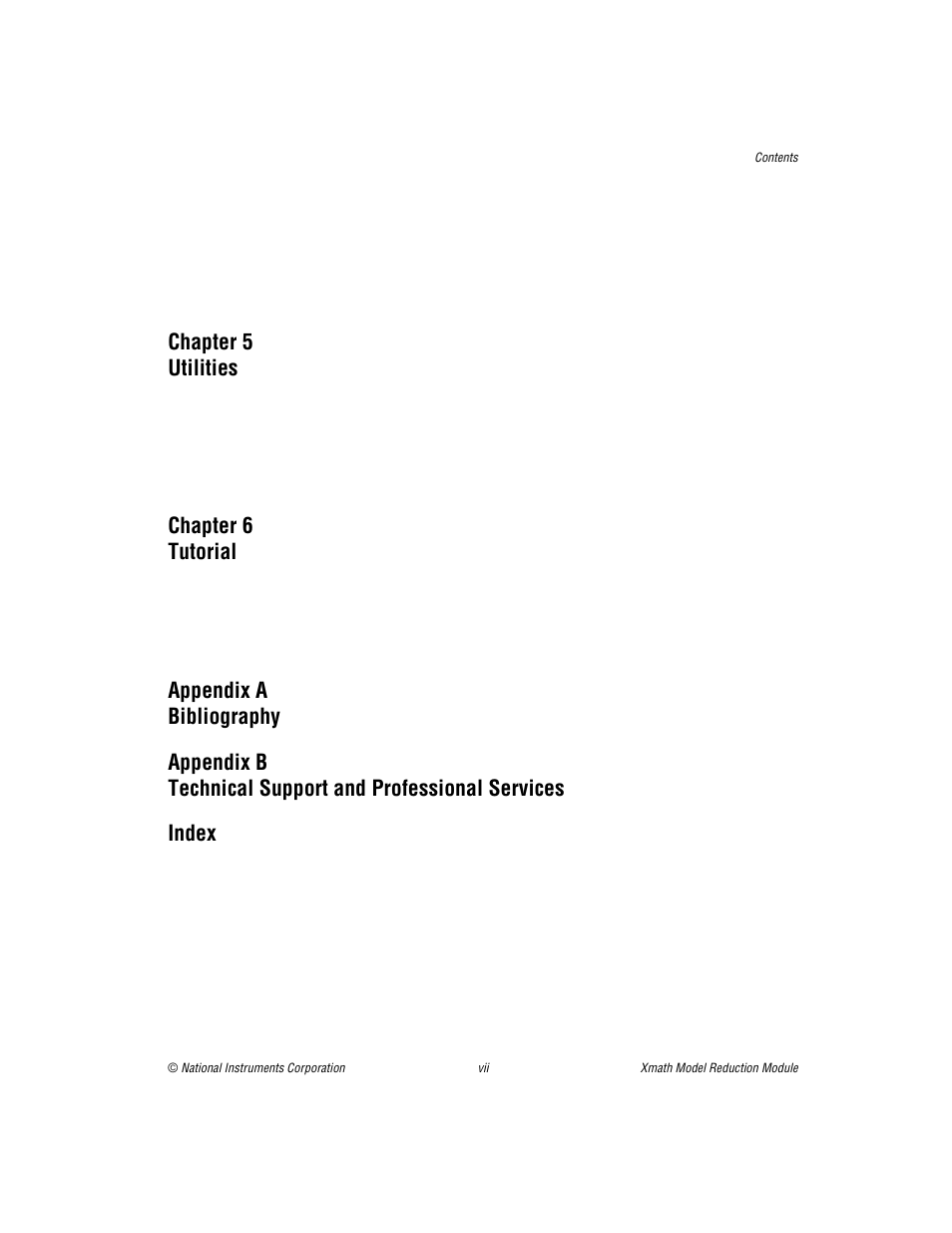 Chapter 5 utilities, Chapter 6 tutorial | National Instruments NI MATRIXx Xmath User Manual | Page 7 / 127
