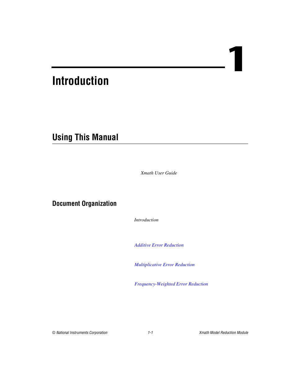 Chapter 1 introduction, Using this manual, Document organization | Using this manual -1, Document organization -1, Introduction | National Instruments NI MATRIXx Xmath User Manual | Page 8 / 127
