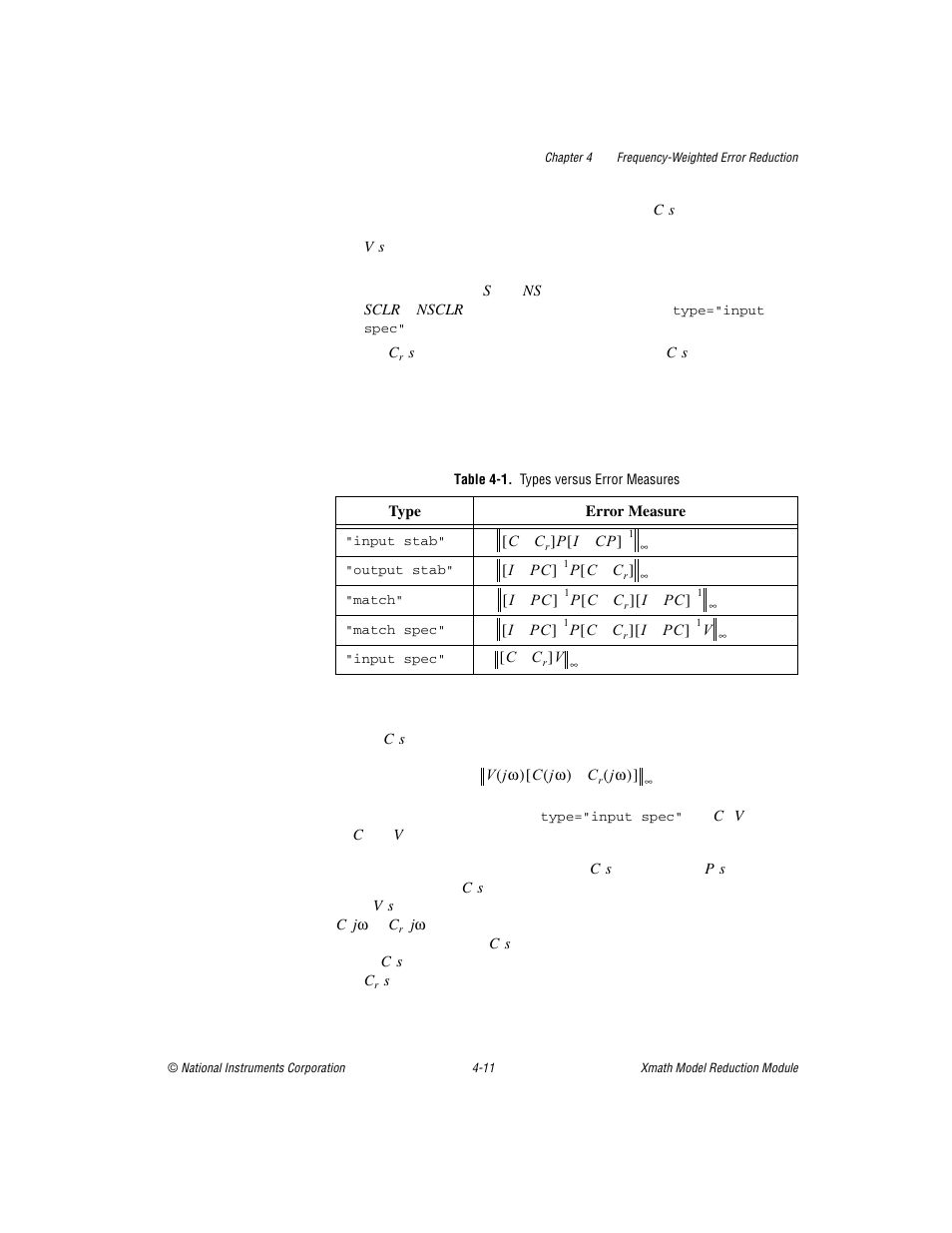 Table 4-1. types versus error measures | National Instruments NI MATRIXx Xmath User Manual | Page 81 / 127