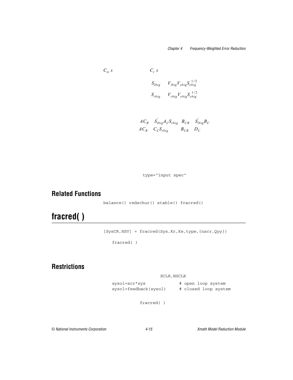 Related functions, Fracred( ), Restrictions | Related functions -15, Fracred( ) -15, Restrictions -15 | National Instruments NI MATRIXx Xmath User Manual | Page 85 / 127