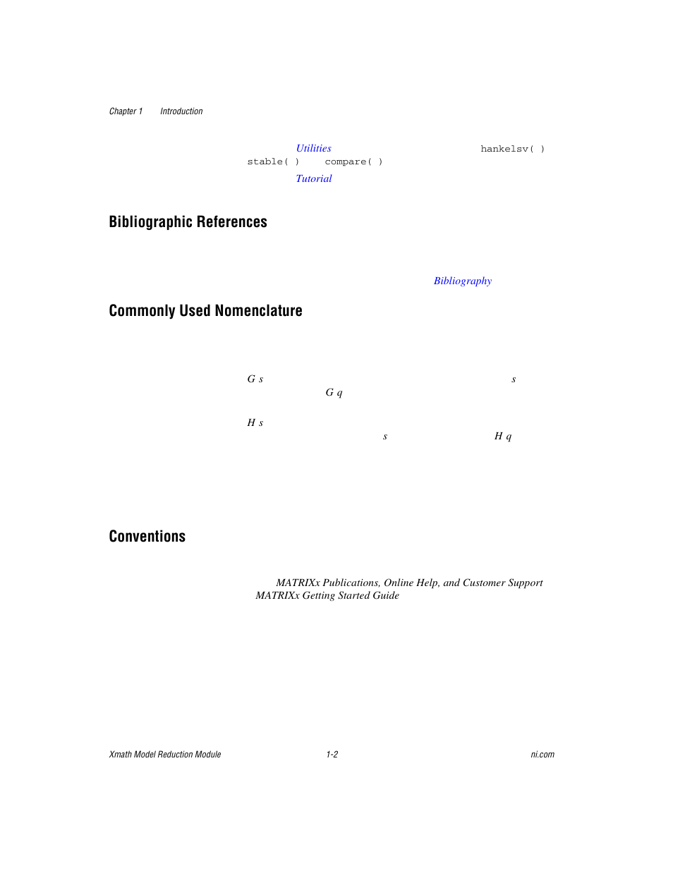 Bibliographic references, Commonly used nomenclature, Conventions | National Instruments NI MATRIXx Xmath User Manual | Page 9 / 127