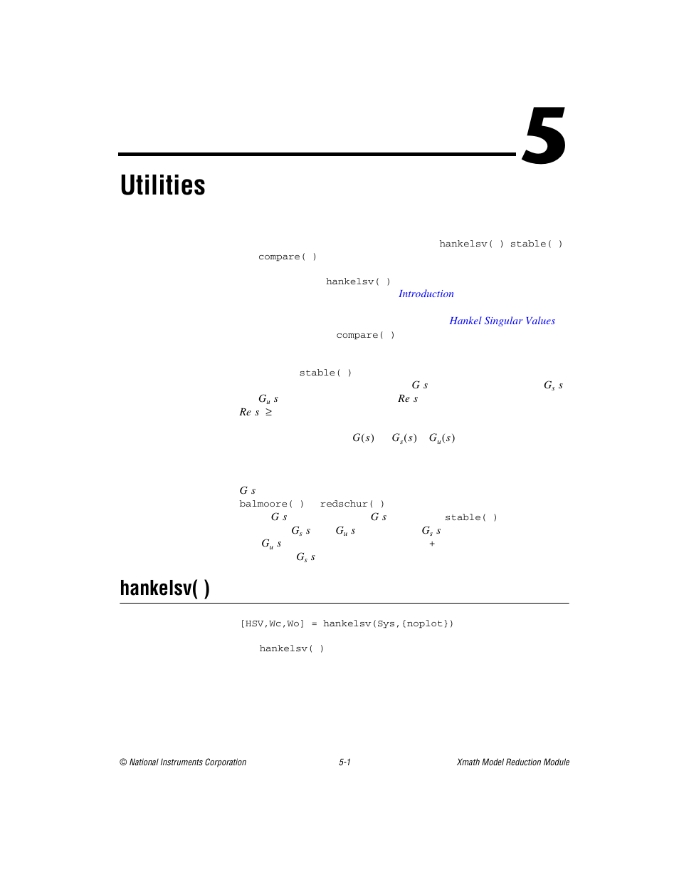 Chapter 5 utilities, Hankelsv( ), Hankelsv( ) -1 | Er 5, Utilities, Describ | National Instruments NI MATRIXx Xmath User Manual | Page 92 / 127