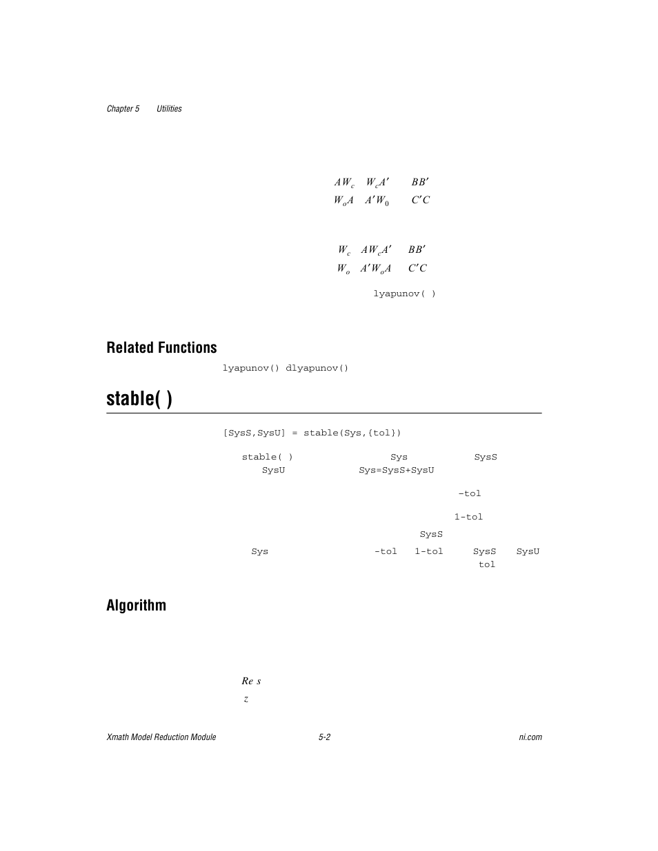 Related functions, Stable( ), Algorithm | Related functions -2, Stable( ) -2, Algorithm -2 | National Instruments NI MATRIXx Xmath User Manual | Page 93 / 127