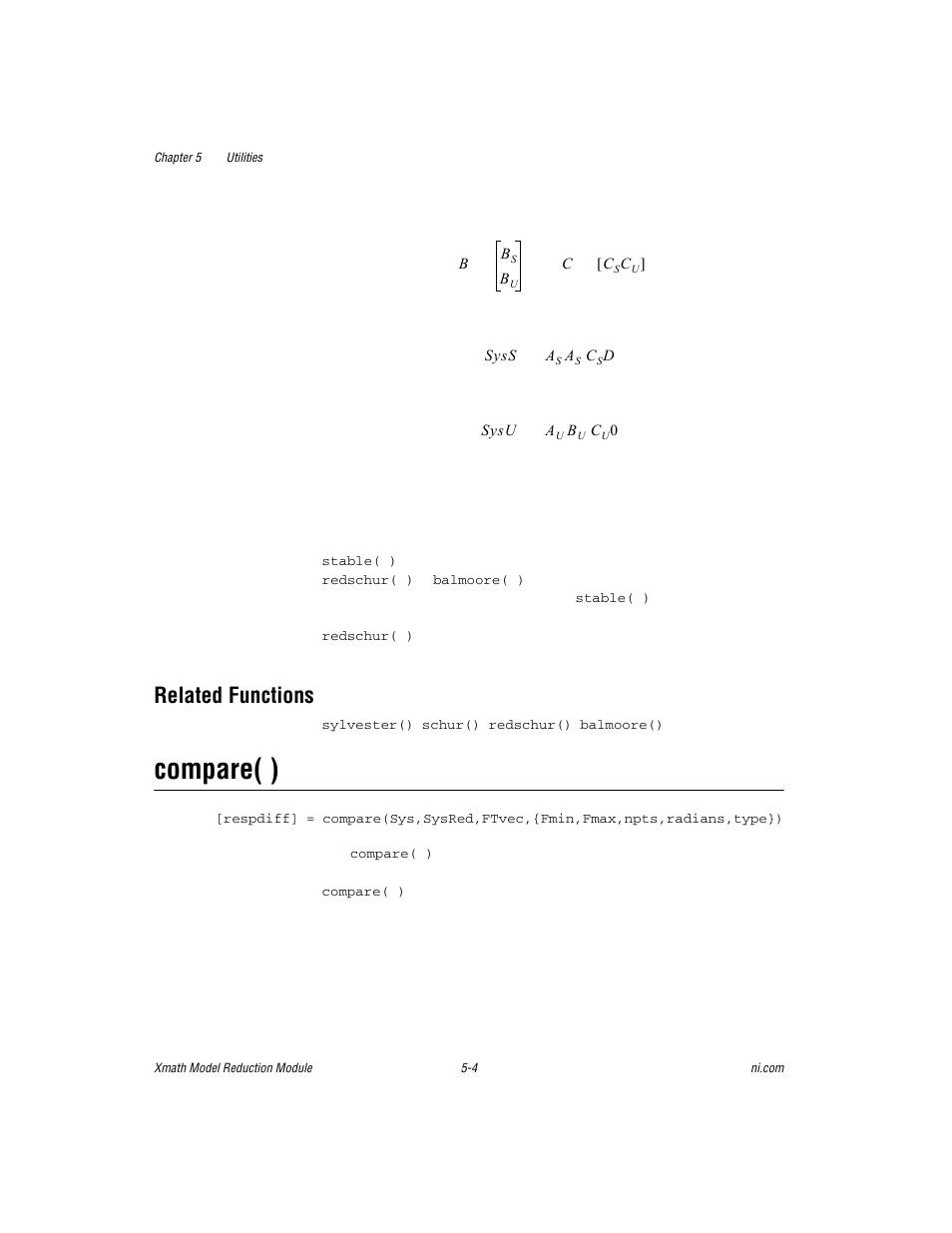 Related functions, Compare( ), Related functions -4 | Compare( ) -4 | National Instruments NI MATRIXx Xmath User Manual | Page 95 / 127