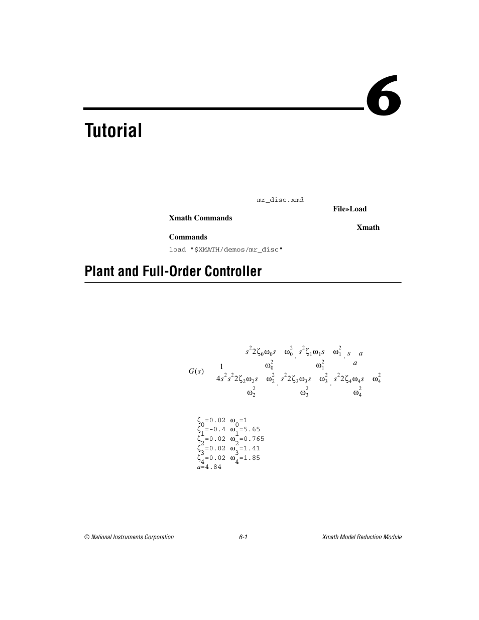 Chapter 6 tutorial, Plant and full-order controller, Plant and full-order controller -1 | Er 6, Tutorial | National Instruments NI MATRIXx Xmath User Manual | Page 96 / 127