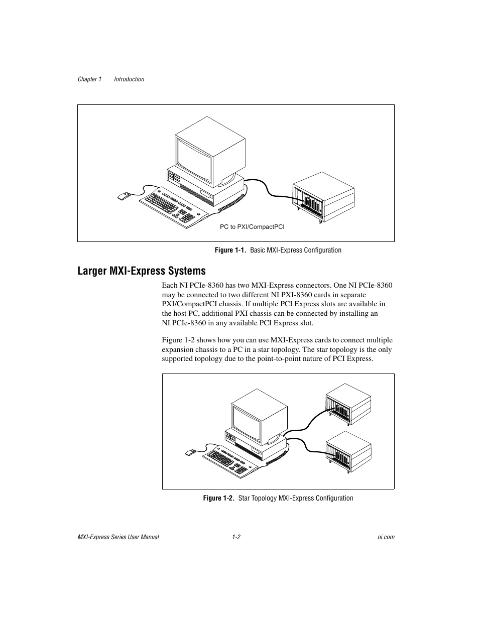 Figure 1-1. basic mxi-express configuration, Larger mxi-express systems, Larger mxi-express systems -2 | National Instruments NI PCIe-8360 User Manual | Page 10 / 36