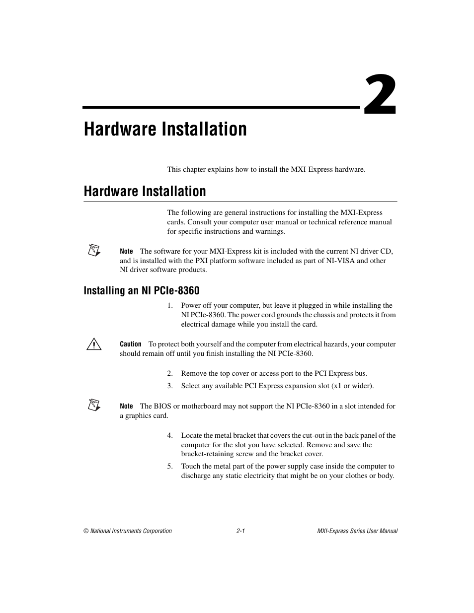 Chapter 2 hardware installation, Hardware installation, Installing an ni pcie-8360 | Hardware installation -1, Installing an ni pcie-8360 -1 | National Instruments NI PCIe-8360 User Manual | Page 12 / 36