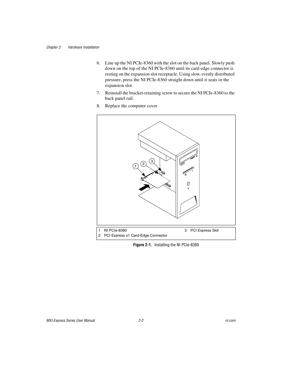 Figure 2-1. installing the ni pcie-8360 | National Instruments NI PCIe-8360 User Manual | Page 13 / 36