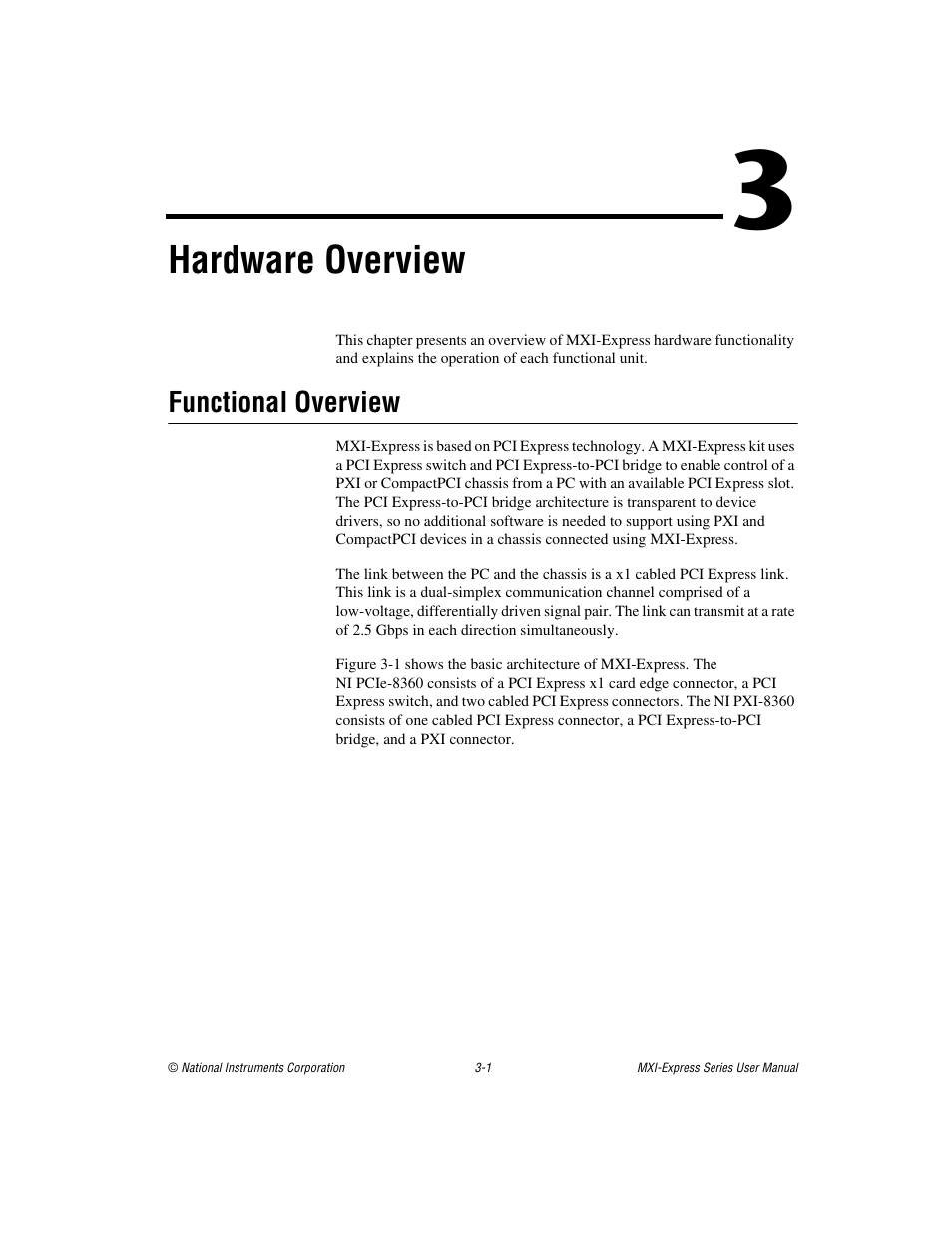 Chapter 3 hardware overview, Functional overview, Functional overview -1 | Apter 3, Hardware overview | National Instruments NI PCIe-8360 User Manual | Page 17 / 36