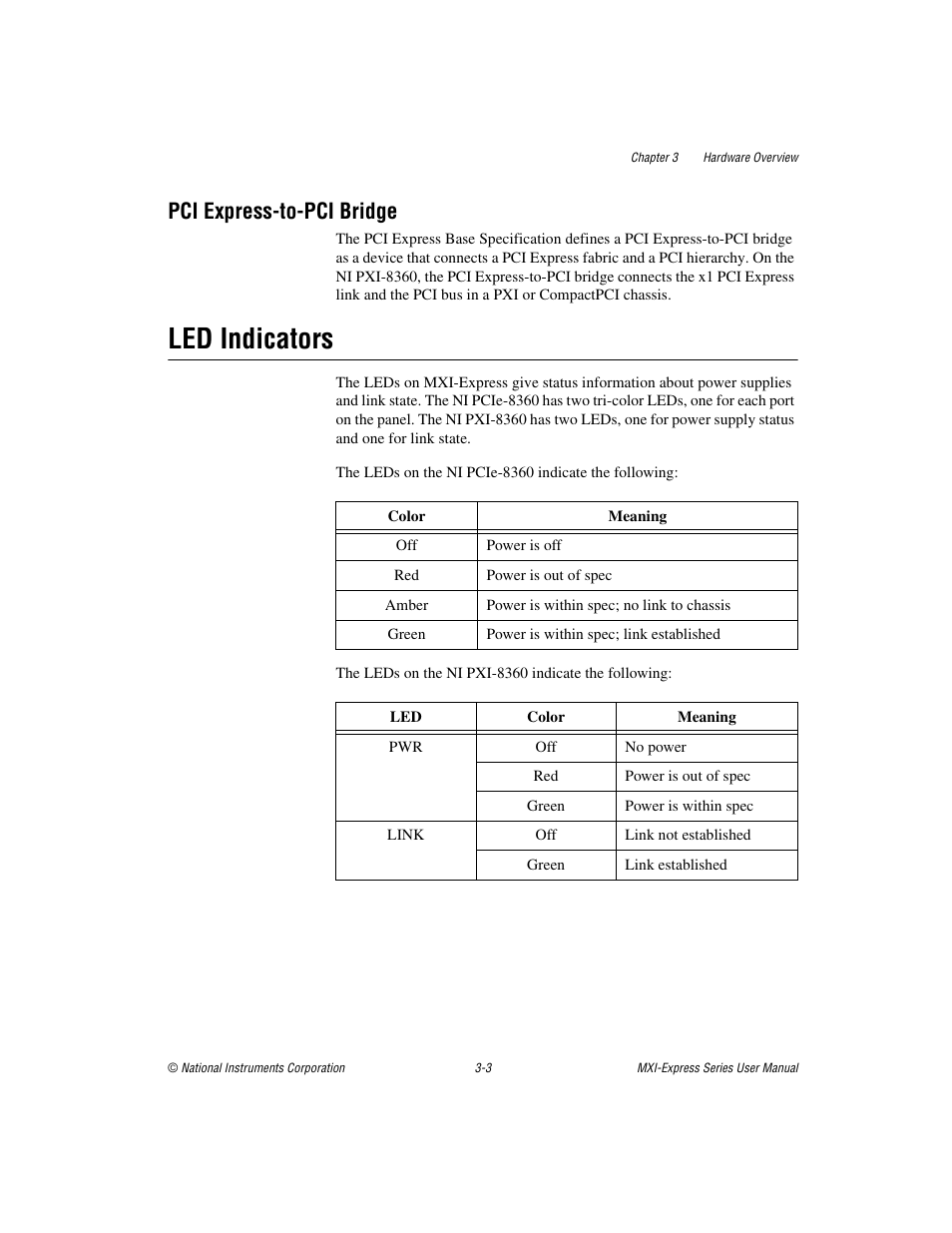 Pci express-to-pci bridge, Led indicators, Pci express-to-pci bridge -3 | Led indicators -3 | National Instruments NI PCIe-8360 User Manual | Page 19 / 36