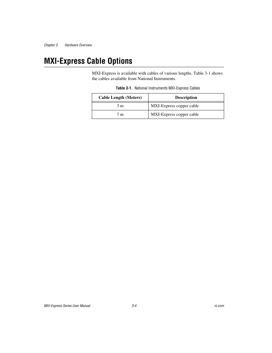 Mxi-express cable options, Table 3-1. national instruments mxi-express cables, Mxi-express cable options -4 | National Instruments NI PCIe-8360 User Manual | Page 20 / 36
