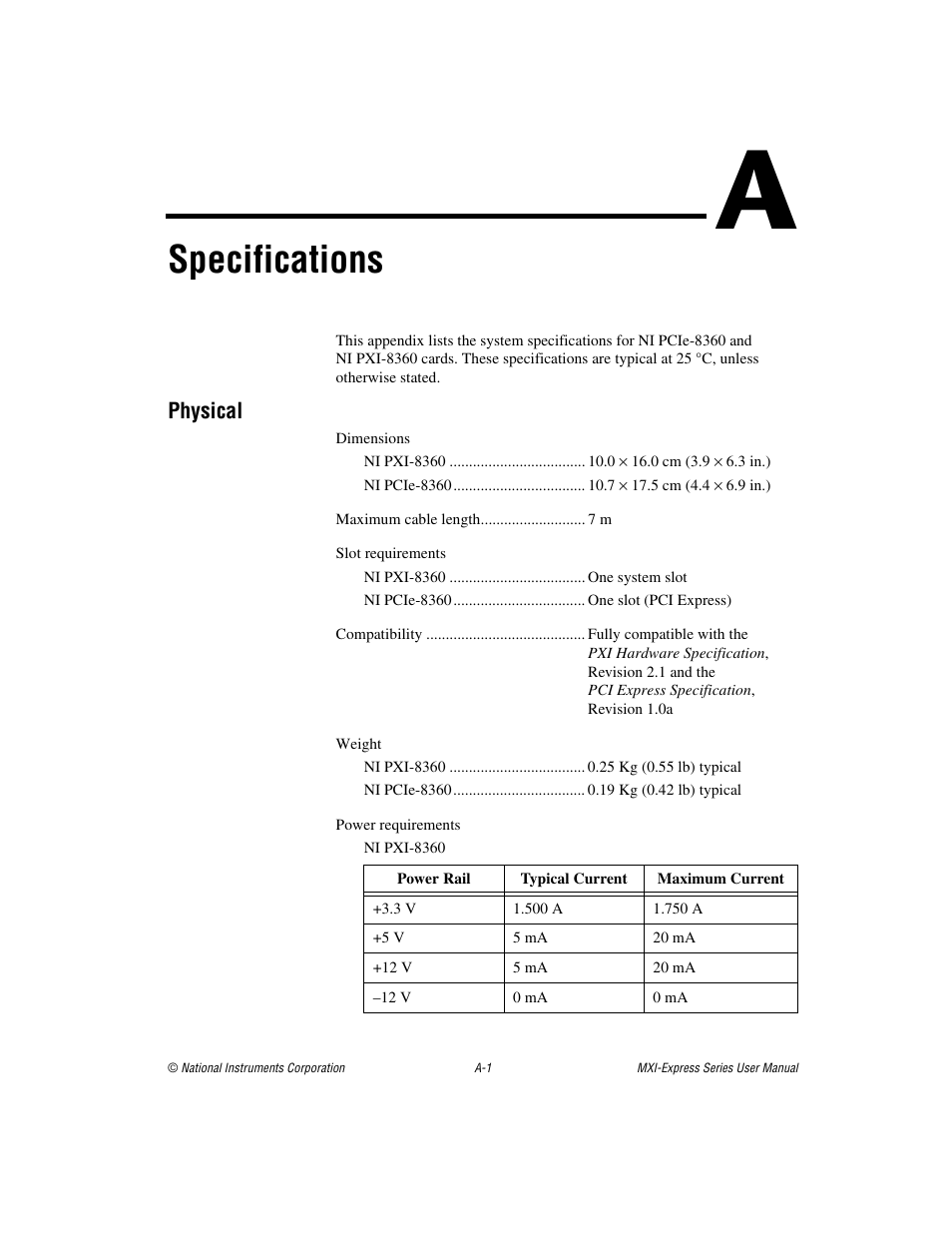 Appendix a specifications, Physical, Specifications | National Instruments NI PCIe-8360 User Manual | Page 21 / 36