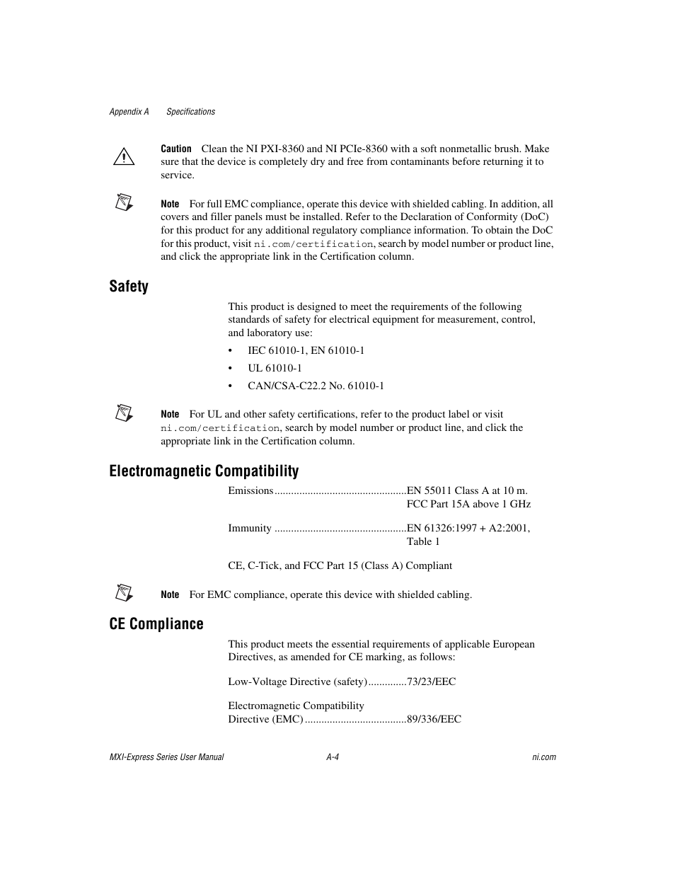Safety, Electromagnetic compatibility, Ce compliance | National Instruments NI PCIe-8360 User Manual | Page 24 / 36