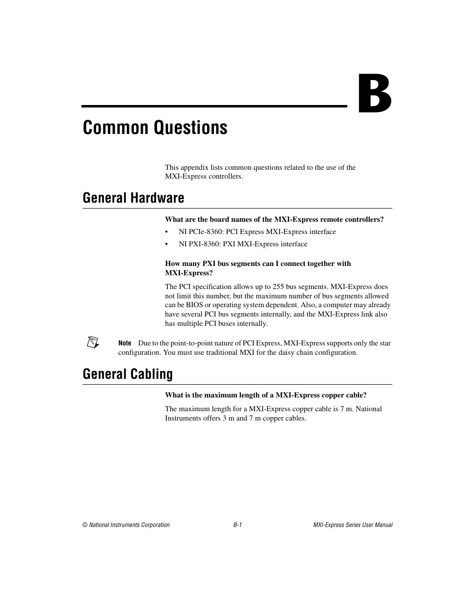 Appendix b common questions, General hardware, General cabling | Common questions | National Instruments NI PCIe-8360 User Manual | Page 26 / 36