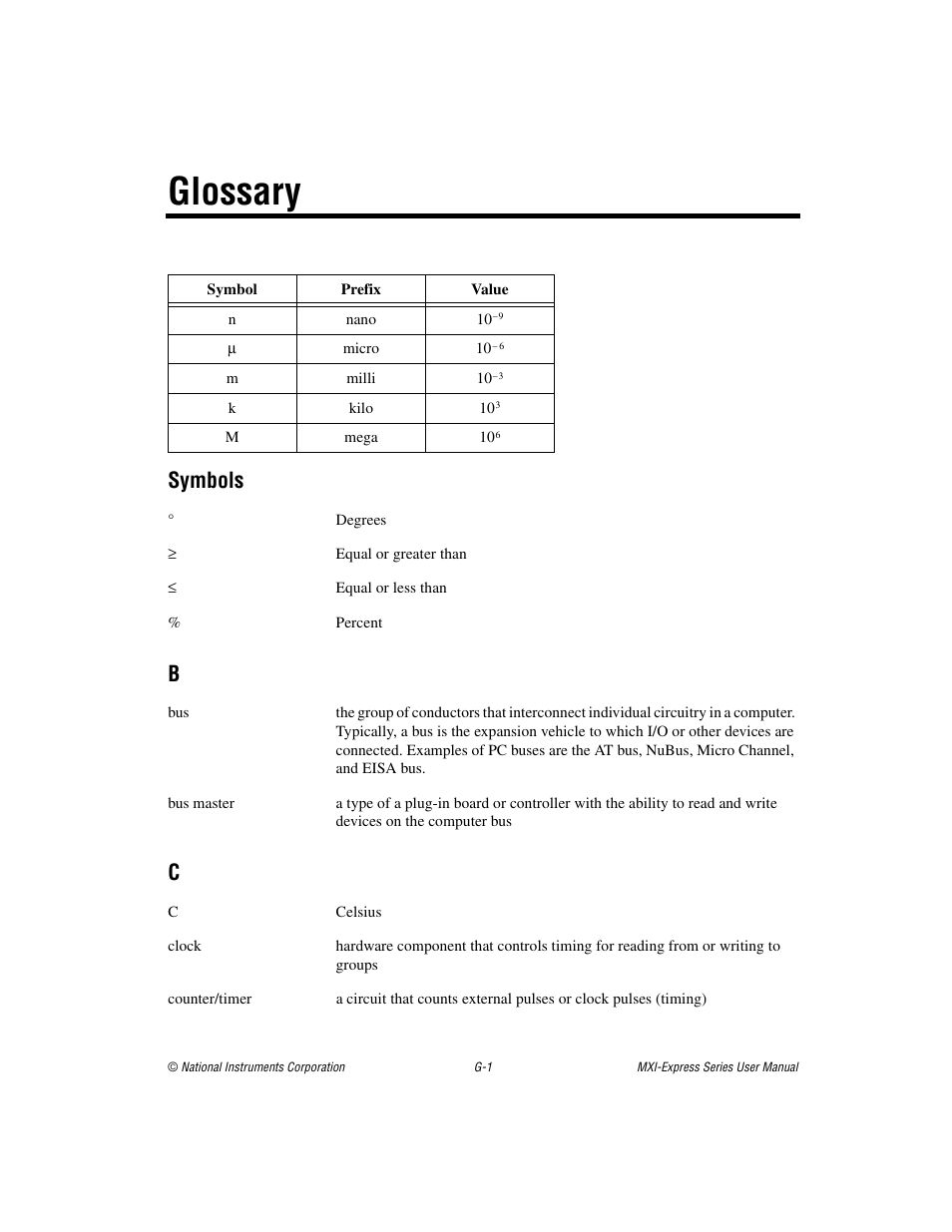 Glossary, Symbols | National Instruments NI PCIe-8360 User Manual | Page 31 / 36