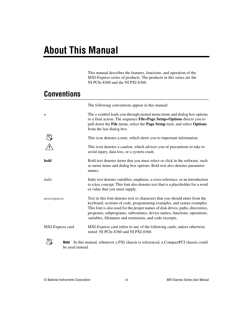 About this manual, Conventions | National Instruments NI PCIe-8360 User Manual | Page 7 / 36
