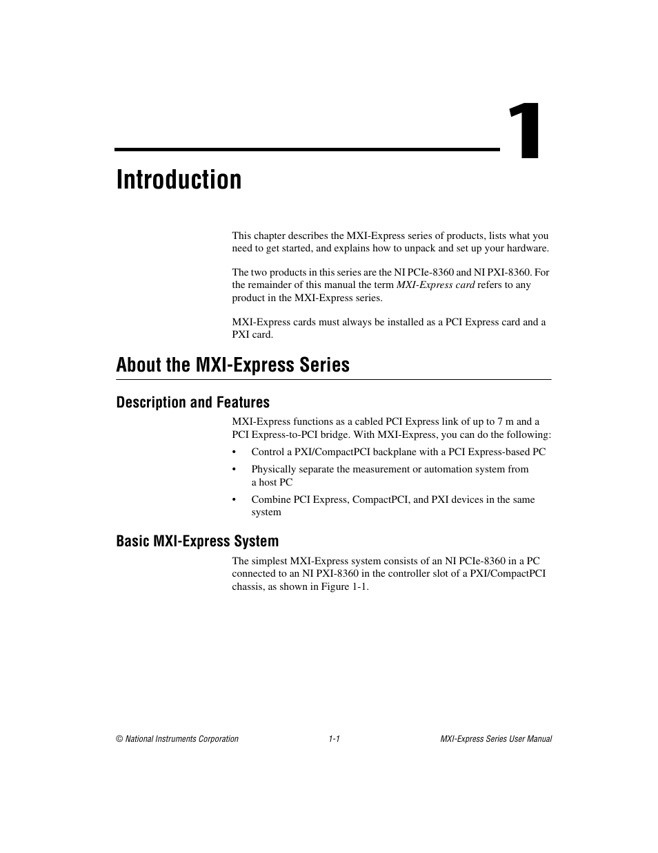 Chapter 1 introduction, About the mxi-express series, Description and features | Basic mxi-express system, About the mxi-express series -1, Introduction | National Instruments NI PCIe-8360 User Manual | Page 9 / 36