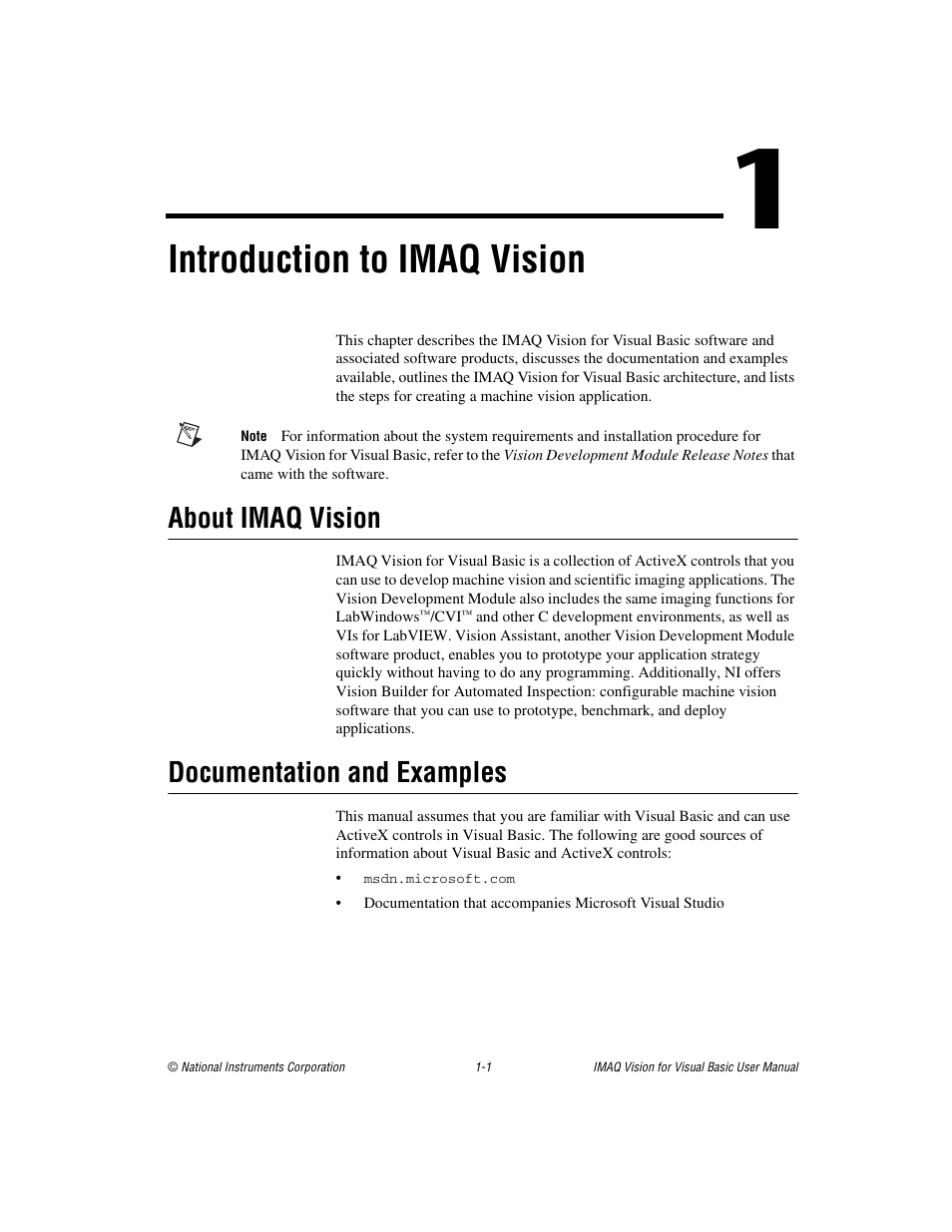 Chapter 1 introduction to imaq vision, About imaq vision, Documentation and examples | About imaq vision -1 documentation and examples -1, Introduction to imaq vision | National Instruments IMAQTM User Manual | Page 11 / 121