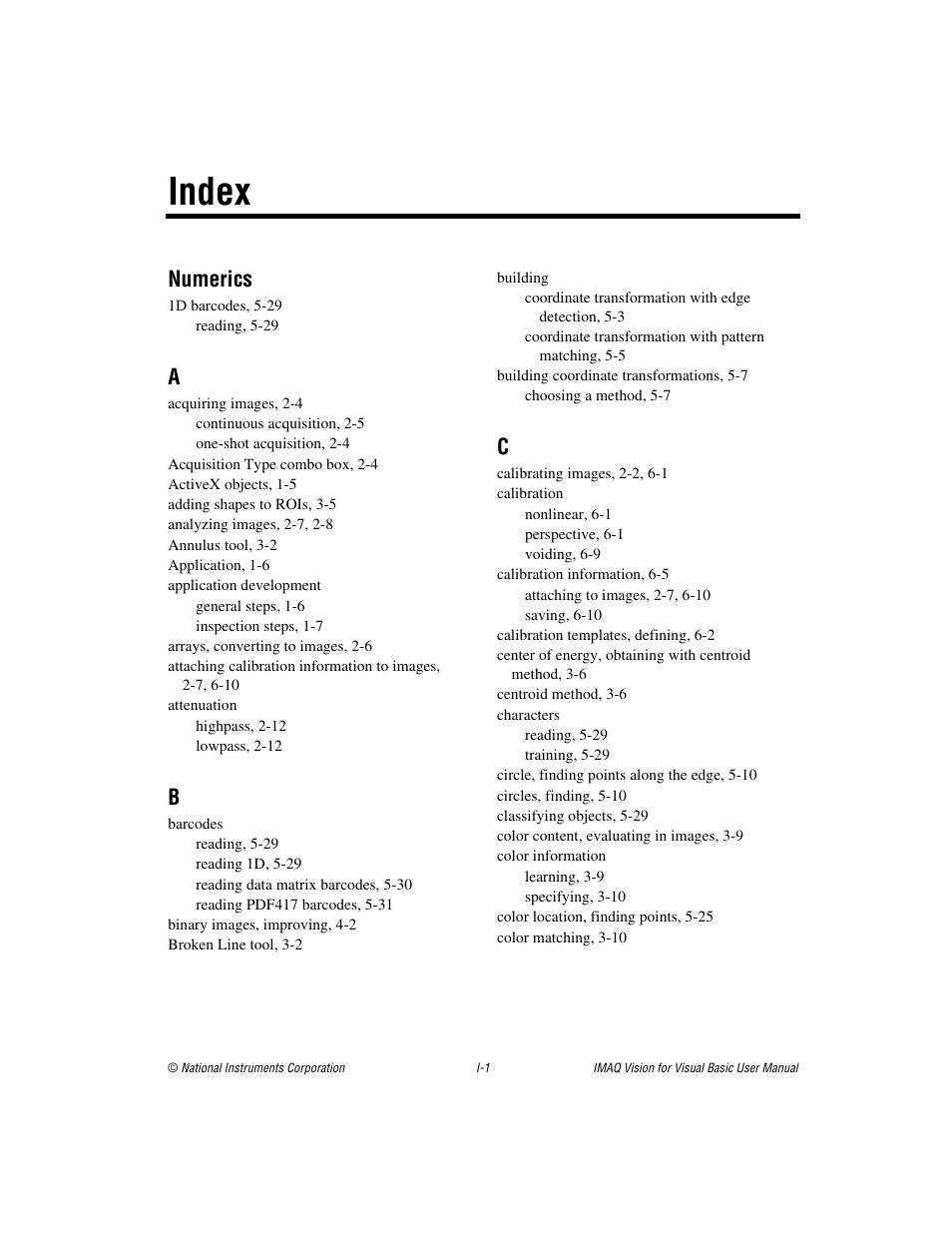Index, Numerics | National Instruments IMAQTM User Manual | Page 115 / 121