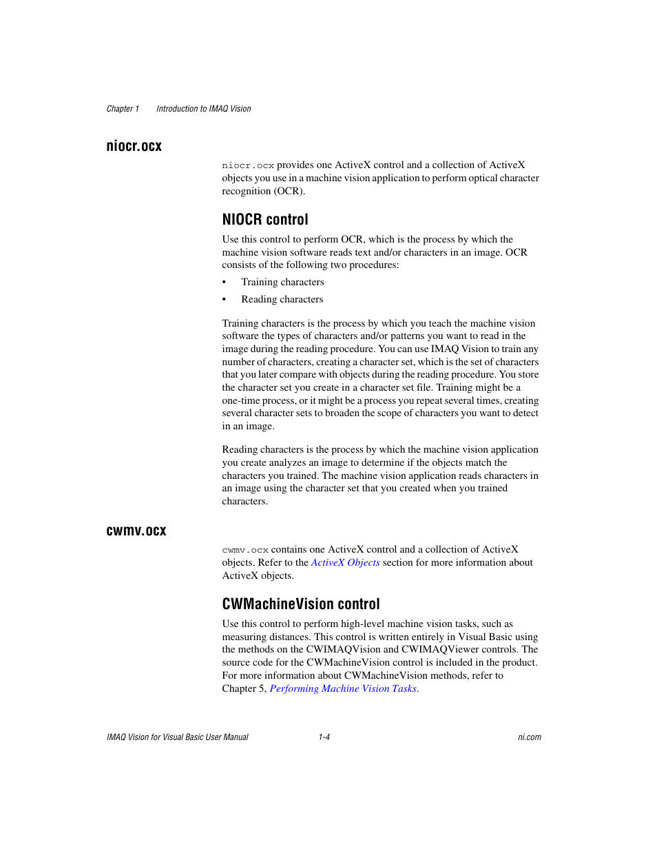 Niocr.ocx, Niocr control, Cwmv.ocx | Cwmachinevision control, Niocr.ocx -4, Niocr control -4, Cwmv.ocx -4, Cwmachinevision control -4 | National Instruments IMAQTM User Manual | Page 14 / 121