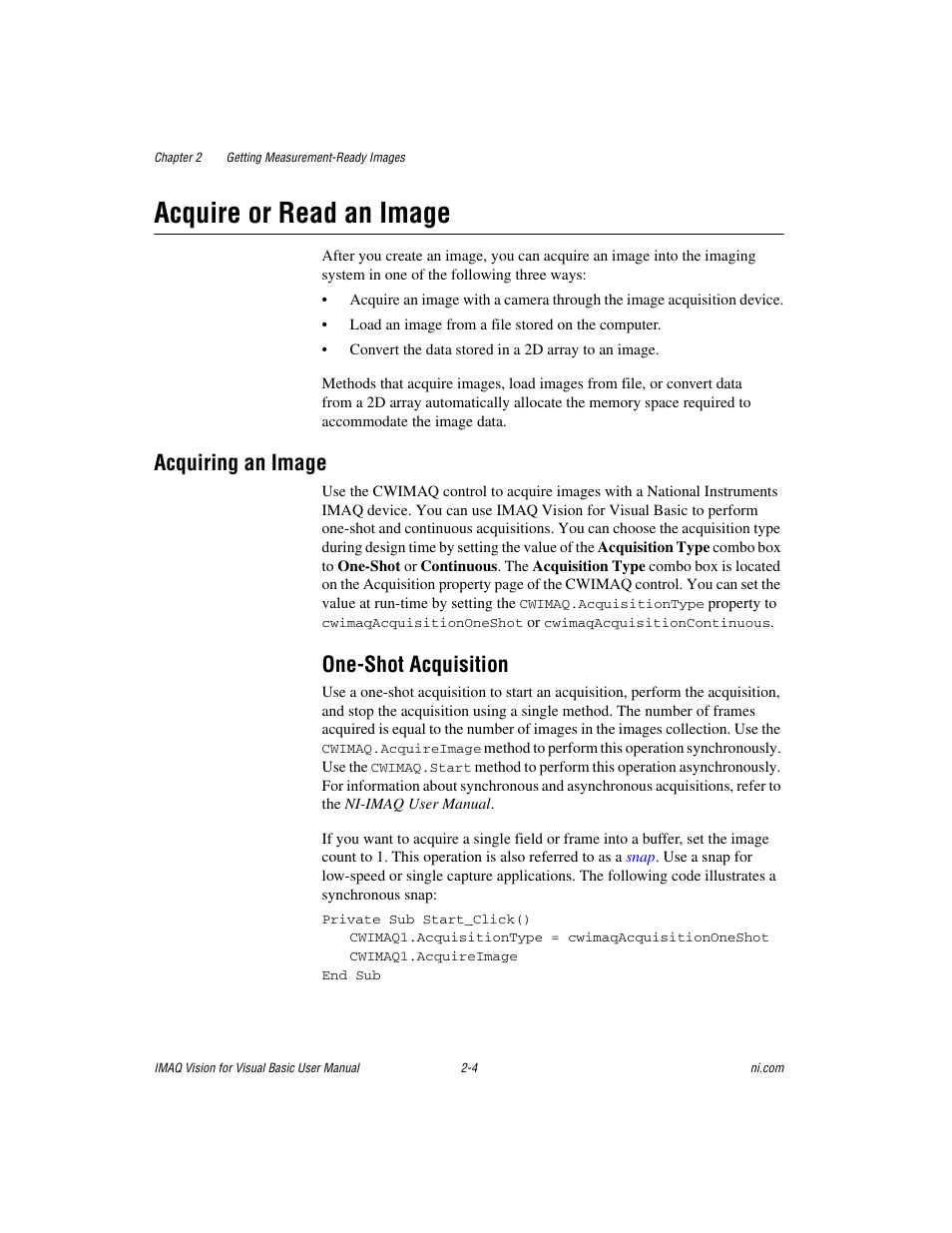 Acquire or read an image, Acquiring an image, One-shot acquisition | Acquire or read an image -4, Acquiring an image -4, One-shot acquisition -4 | National Instruments IMAQTM User Manual | Page 21 / 121