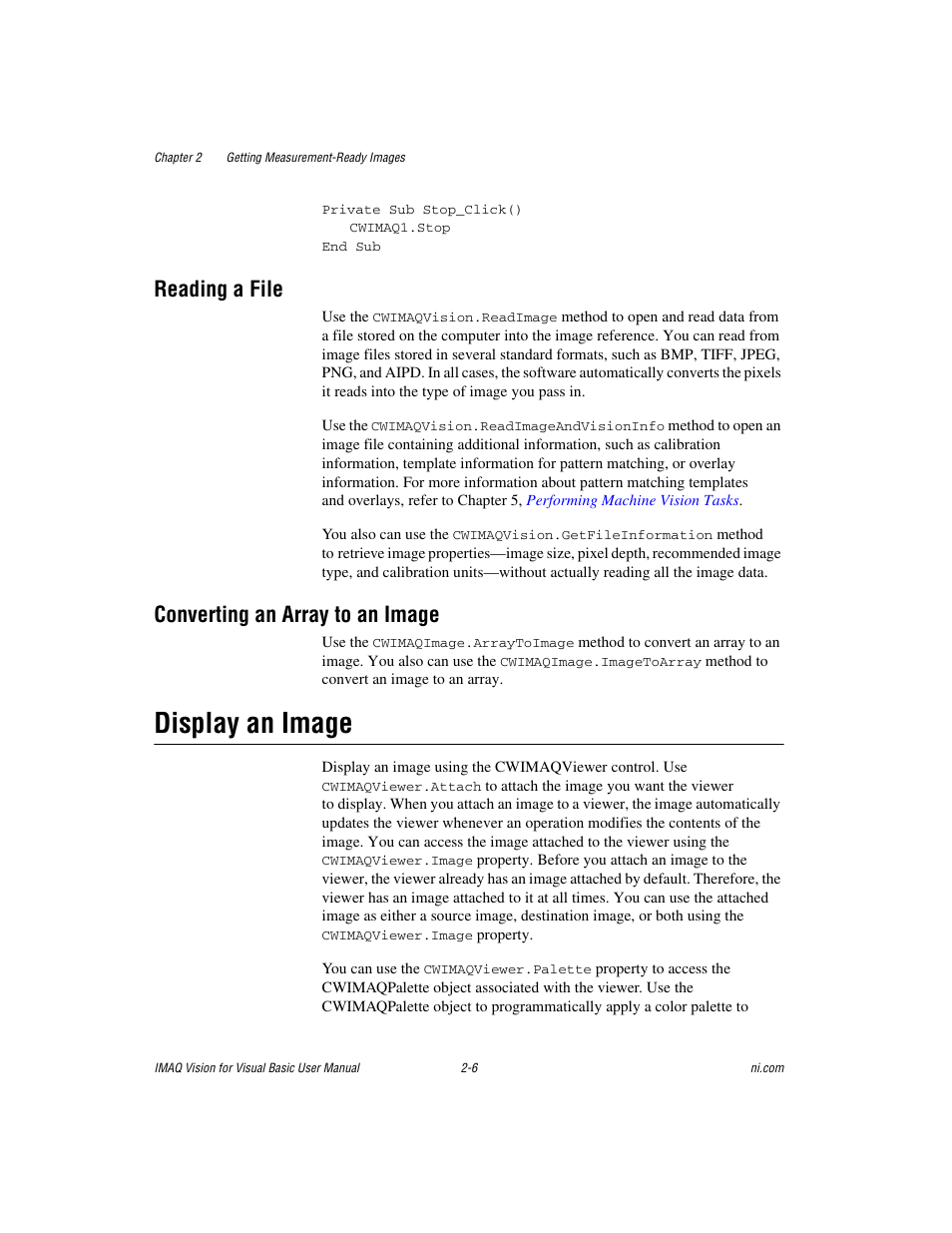 Reading a file, Converting an array to an image, Display an image | Display an image -6 | National Instruments IMAQTM User Manual | Page 23 / 121