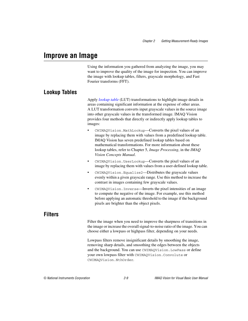 Improve an image, Lookup tables, Filters | Improve an image -9, Lookup tables -9 filters -9 | National Instruments IMAQTM User Manual | Page 26 / 121