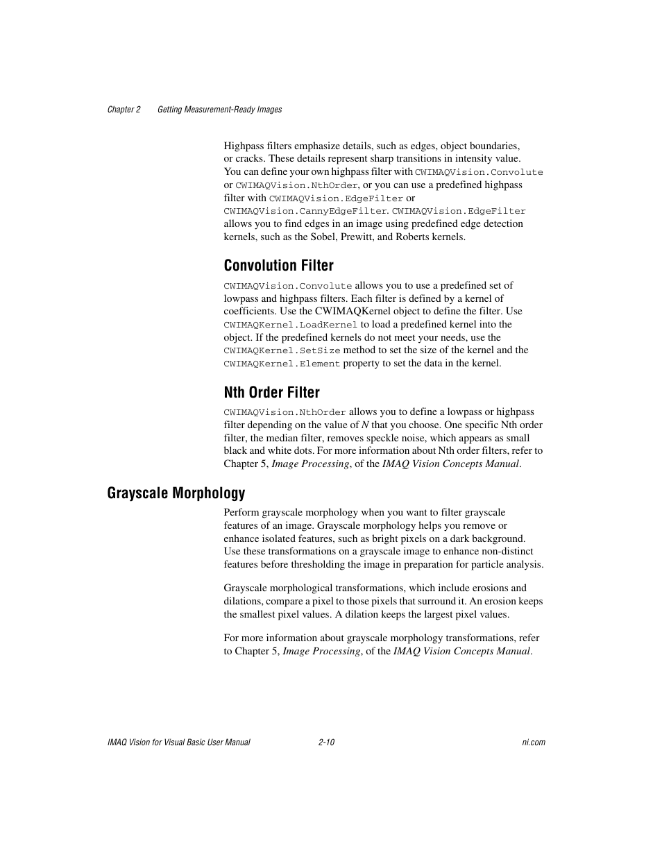 Convolution filter, Nth order filter, Grayscale morphology | Convolution filter -10 nth order filter -10, Grayscale morphology -10 | National Instruments IMAQTM User Manual | Page 27 / 121