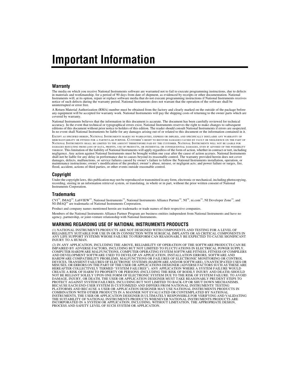 Important information, Warranty, Copyright | Trademarks | National Instruments IMAQTM User Manual | Page 3 / 121