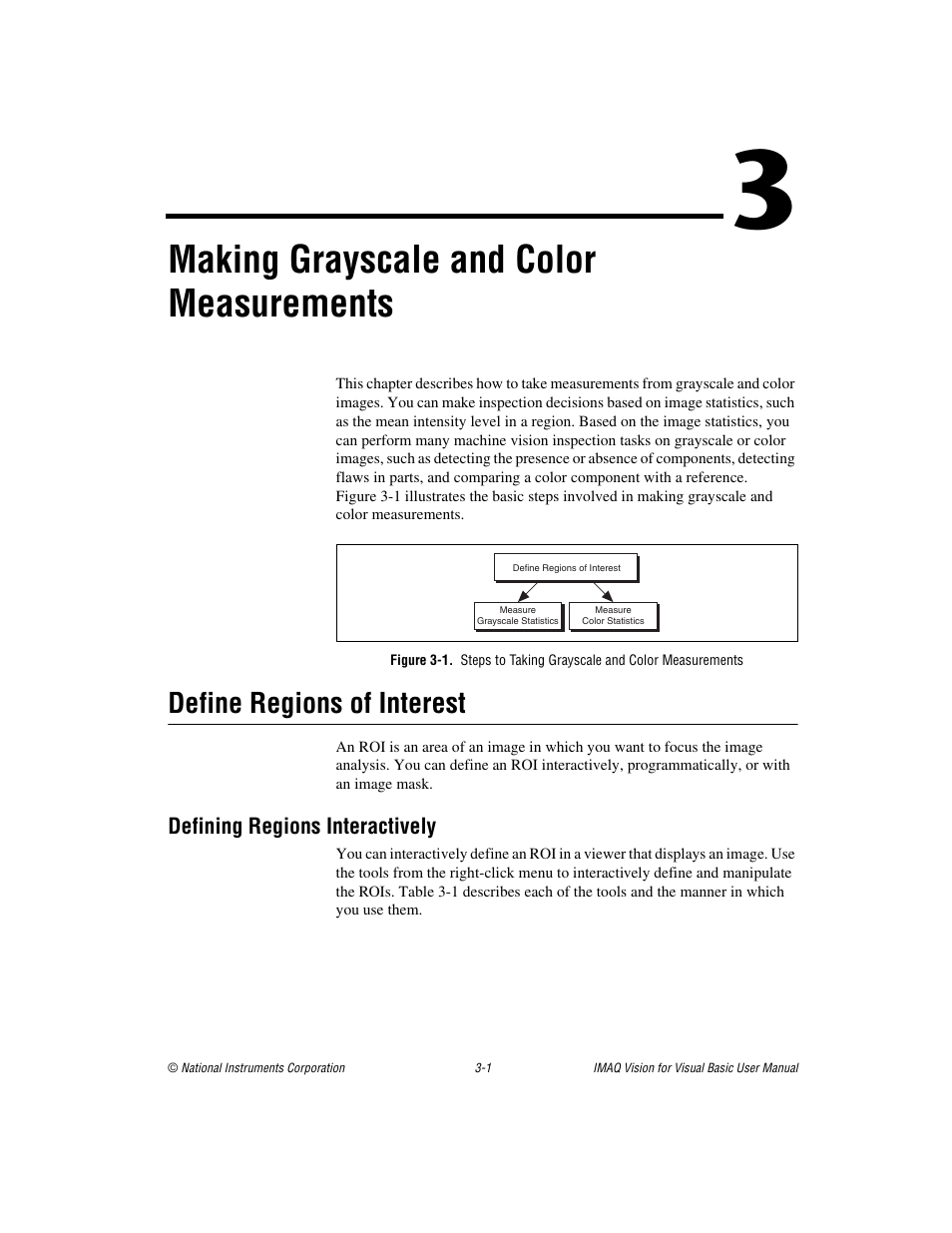 Chapter 3 making grayscale and color measurements, Define regions of interest, Defining regions interactively | Define regions of interest -1, Defining regions interactively -1, Making grayscale and color measurements | National Instruments IMAQTM User Manual | Page 30 / 121