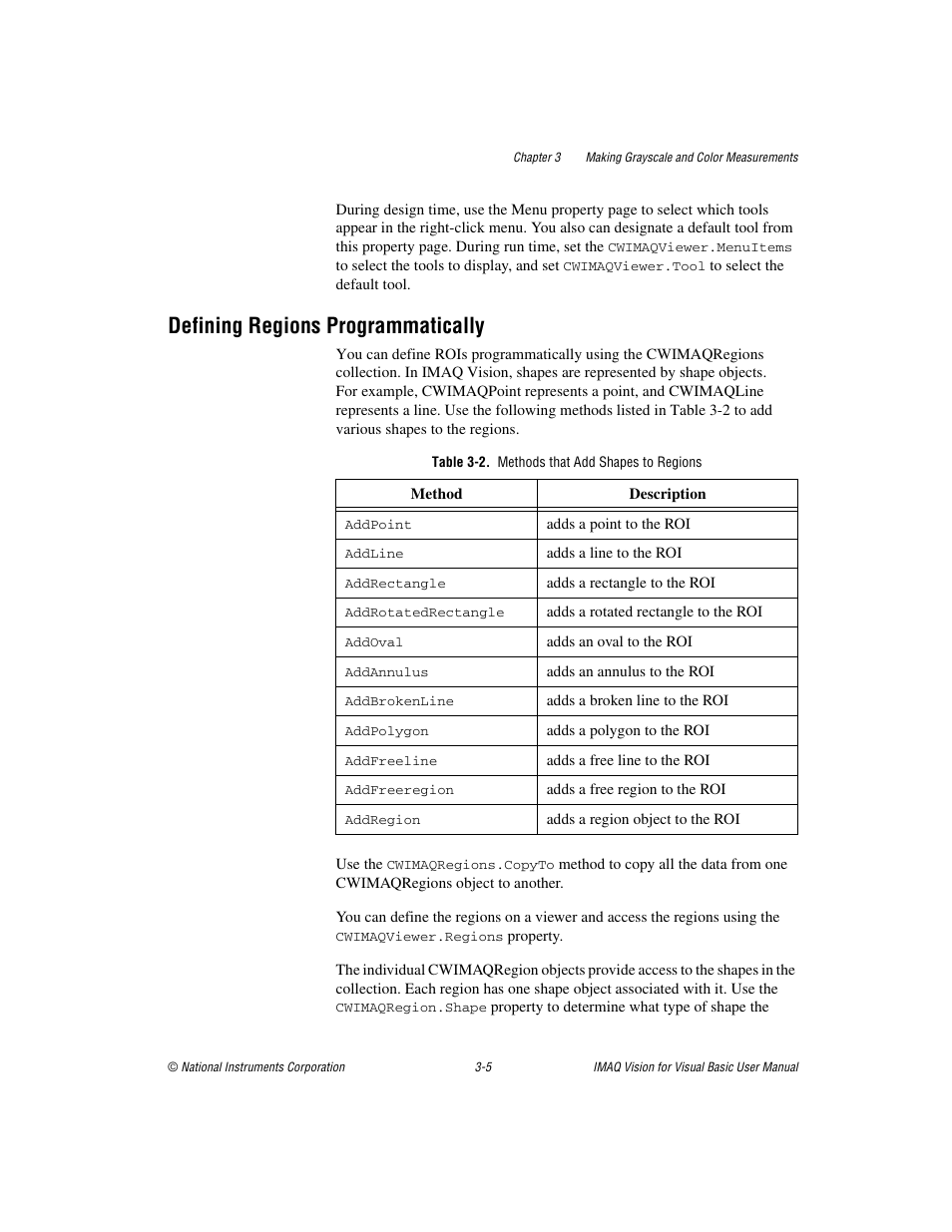 Defining regions programmatically, Table 3-2. methods that add shapes to regions, Defining regions programmatically -5 | National Instruments IMAQTM User Manual | Page 34 / 121