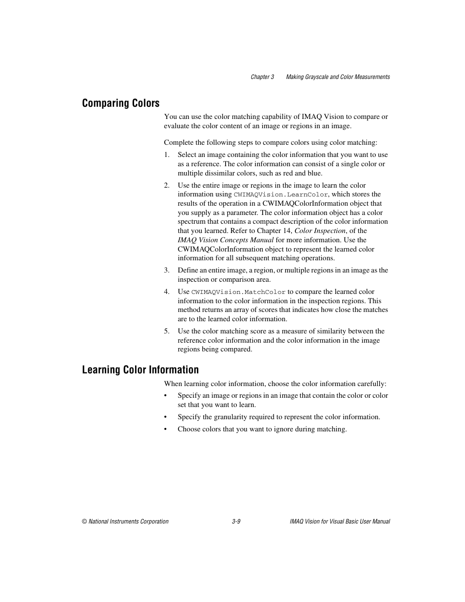 Comparing colors, Learning color information, Comparing colors -9 learning color information -9 | National Instruments IMAQTM User Manual | Page 38 / 121
