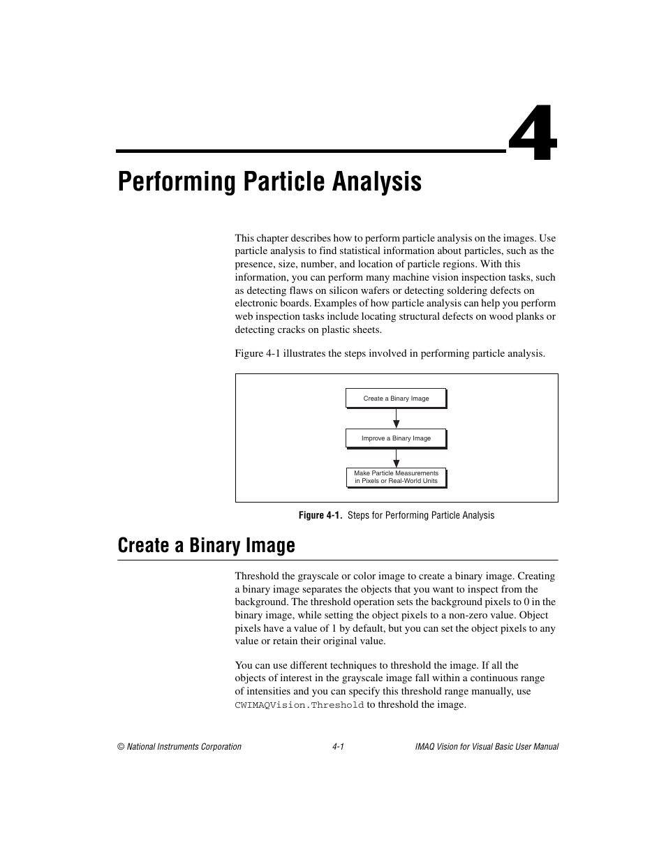 Chapter 4 performing particle analysis, Figure 4-1. steps for performing particle analysis, Create a binary image | Create a binary image -1, Performing particle analysis | National Instruments IMAQTM User Manual | Page 43 / 121