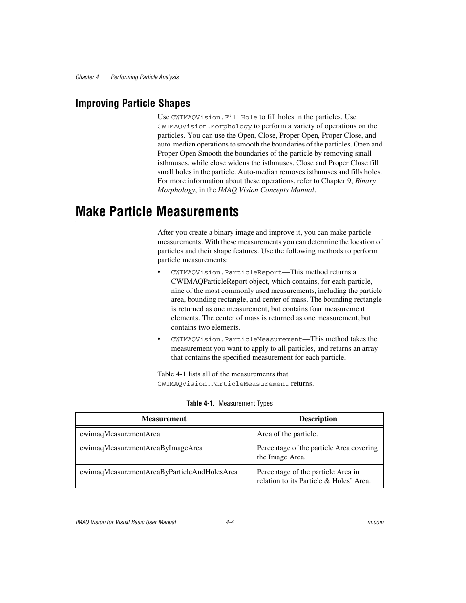 Improving particle shapes, Make particle measurements, Table 4-1. measurement types | Improving particle shapes -4, Make particle measurements -4 | National Instruments IMAQTM User Manual | Page 46 / 121