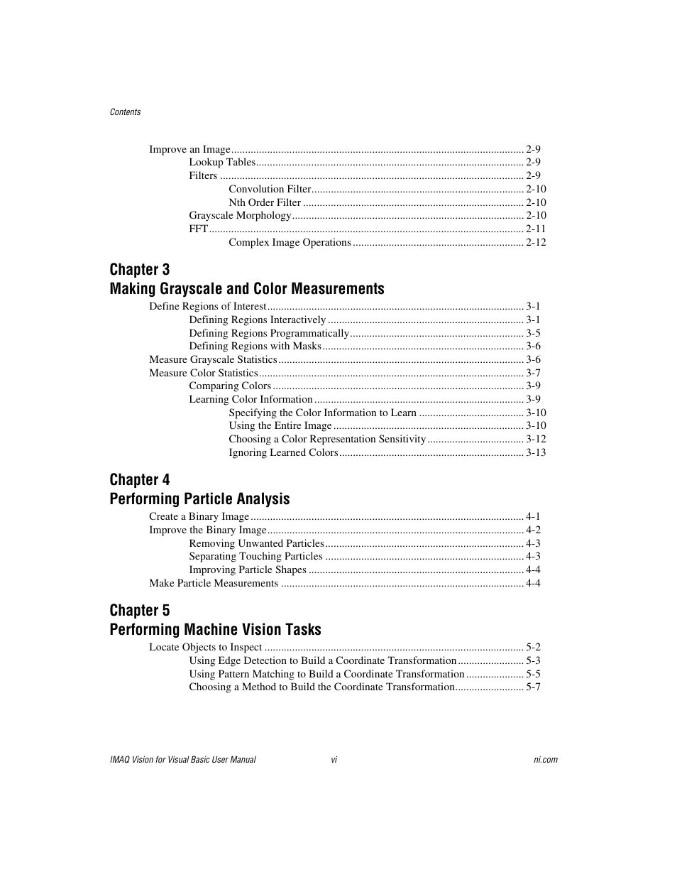 Chapter 3 making grayscale and color measurements, Chapter 4 performing particle analysis, Chapter 5 performing machine vision tasks | National Instruments IMAQTM User Manual | Page 5 / 121
