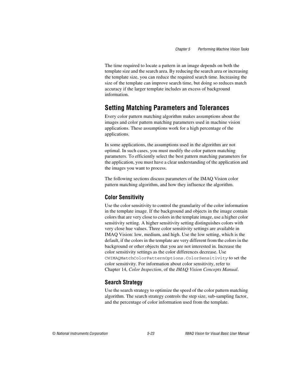 Setting matching parameters and tolerances, Setting matching parameters and tolerances -23, Color sensitivity | National Instruments IMAQTM User Manual | Page 75 / 121
