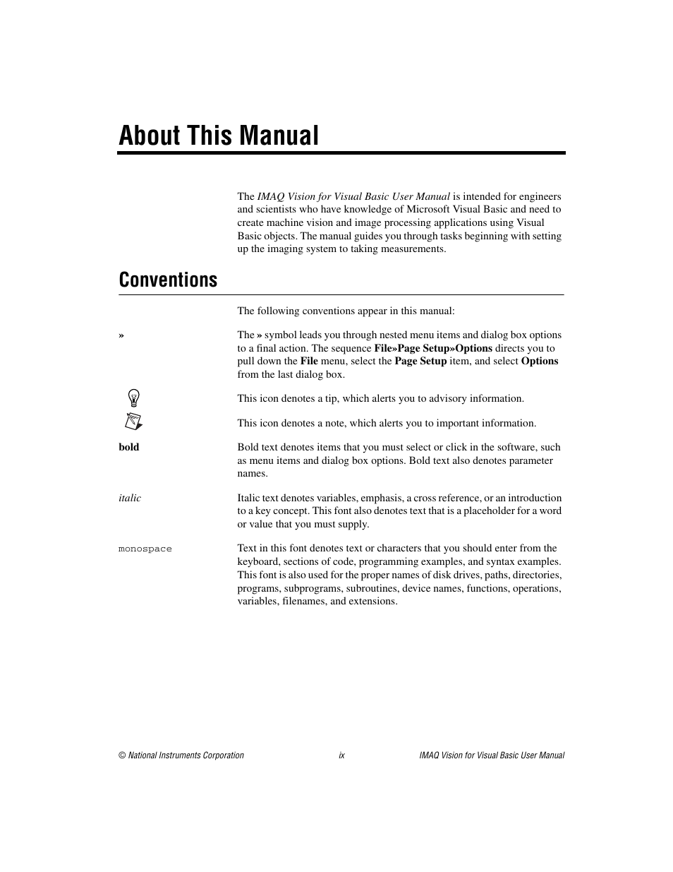 About this manual, Conventions | National Instruments IMAQTM User Manual | Page 8 / 121
