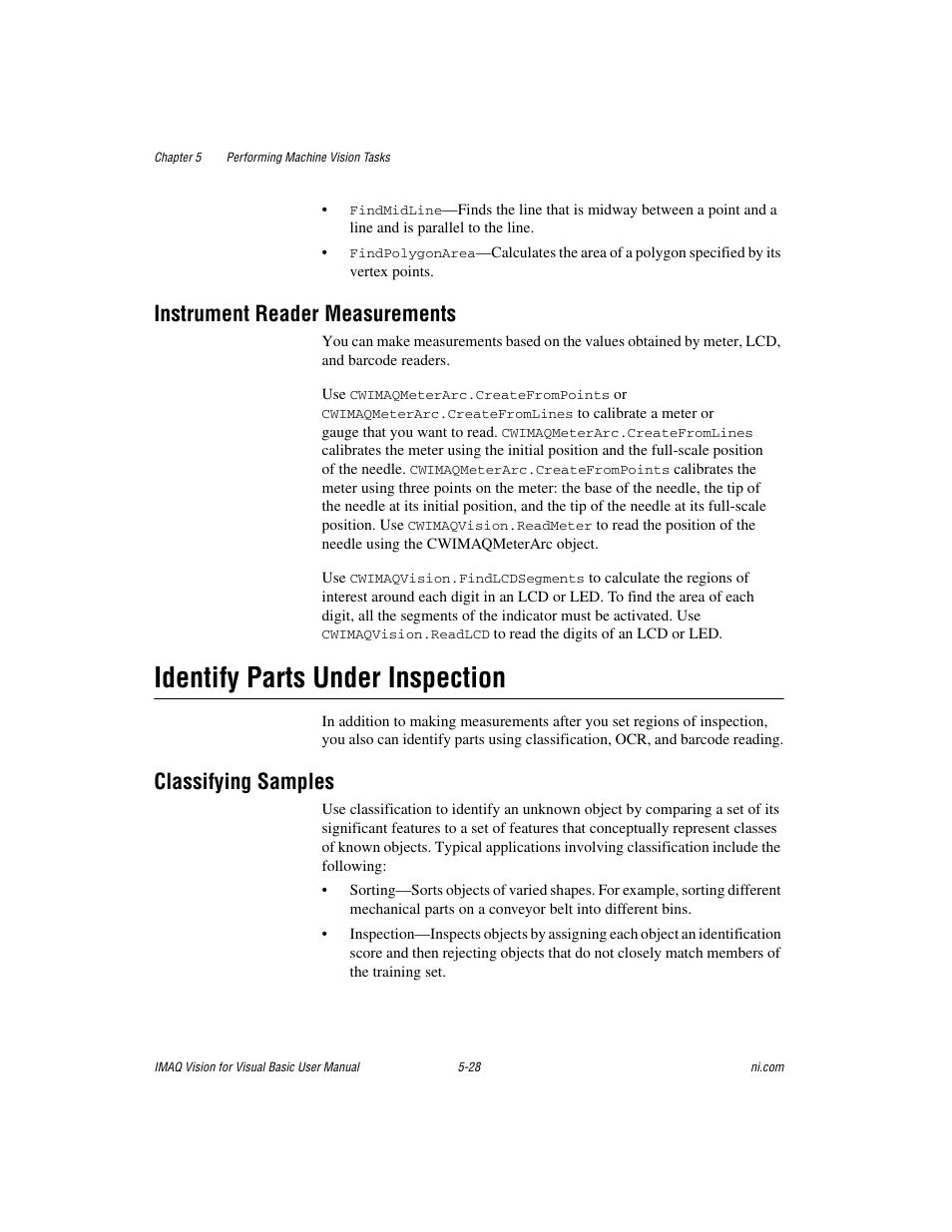 Instrument reader measurements, Identify parts under inspection, Classifying samples | Instrument reader measurements -28, Identify parts under inspection -28, Classifying samples -28 | National Instruments IMAQTM User Manual | Page 80 / 121