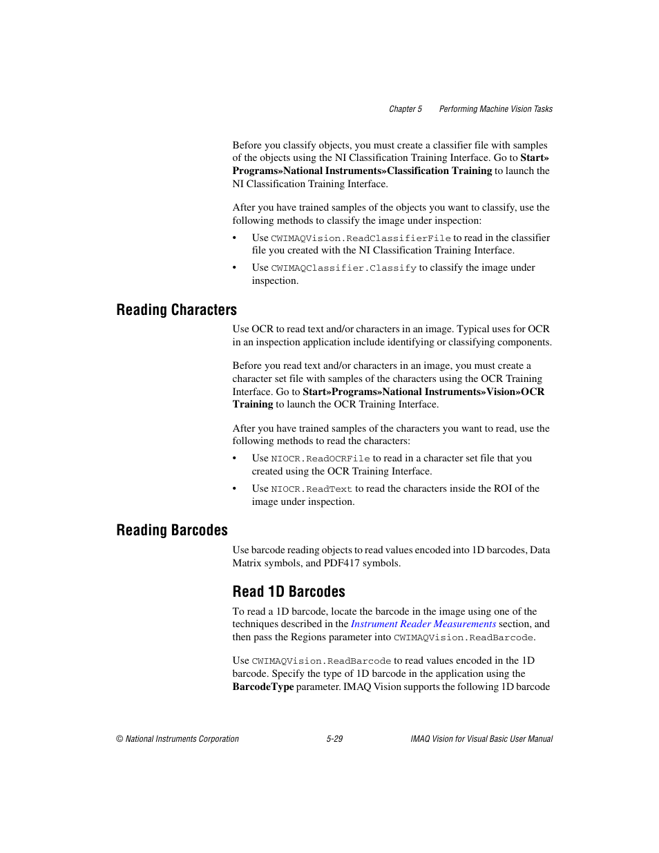 Reading characters, Reading barcodes, Read 1d barcodes | Reading characters -29 reading barcodes -29, Read 1d barcodes -29 | National Instruments IMAQTM User Manual | Page 81 / 121