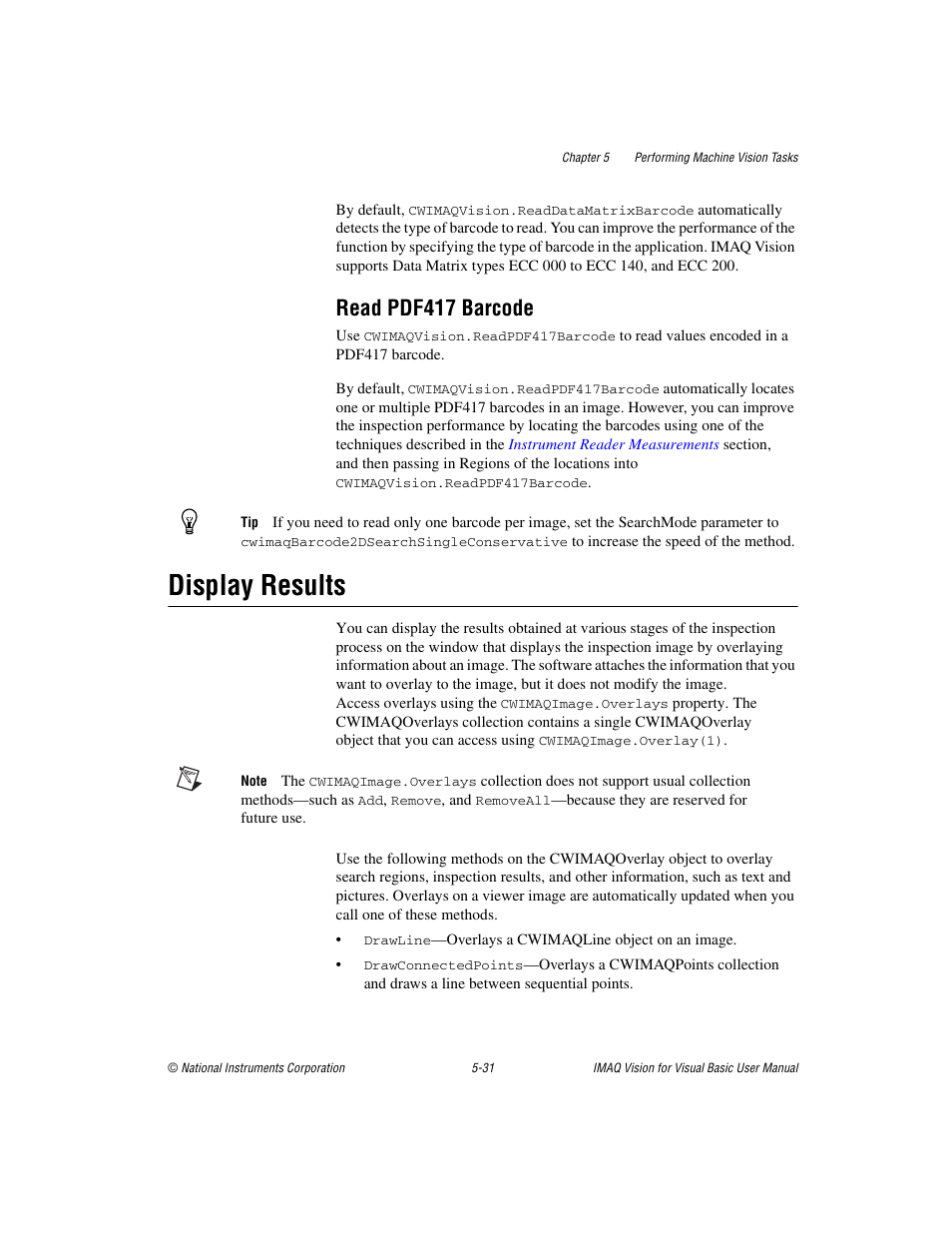 Read pdf417 barcode, Display results, Read pdf417 barcode -31 | Display results -31 | National Instruments IMAQTM User Manual | Page 83 / 121